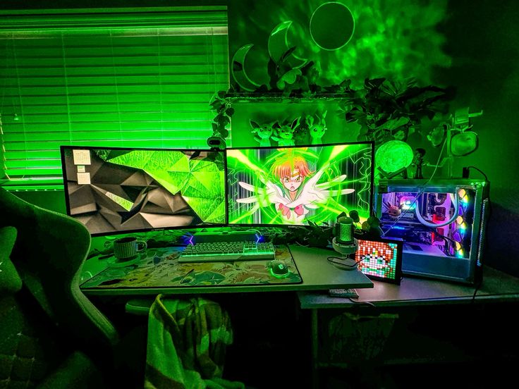 A professional gamer focused on a display monitor in a dim room with vibrant neon green ambient styling